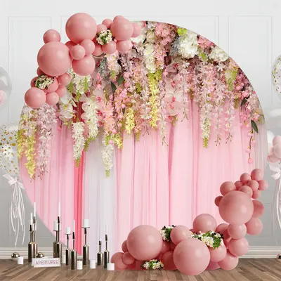 White Pink Flowers Curtain Round Wedding Backdrop