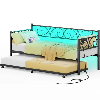 Homieasy Daybed with Charging Station and LED Light, Twin Daybed with Trundle Bed, Sofa Day Bed Frame with Headboard for Bedr...
