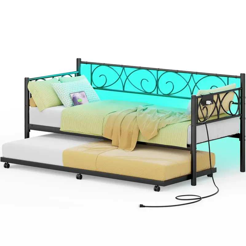 Homieasy Daybed with Charging Station and LED Light, Twin Daybed with Trundle Bed, Sofa Day Bed Frame with Headboard for Bedr...
