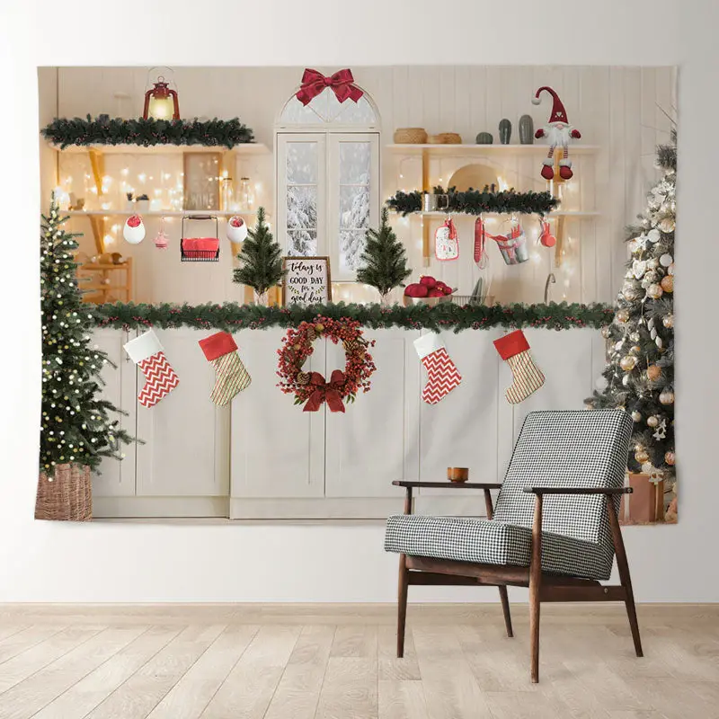 Aperturee White kitchen Stockin Snowy Out Christmas Backdrop