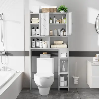 Walsunny Over The Toilet Storage Cabinet, Farmhouse Storage Cabinet with 2 Barn Door & Toilet Paper Holder Stand, Toilet Rack...
