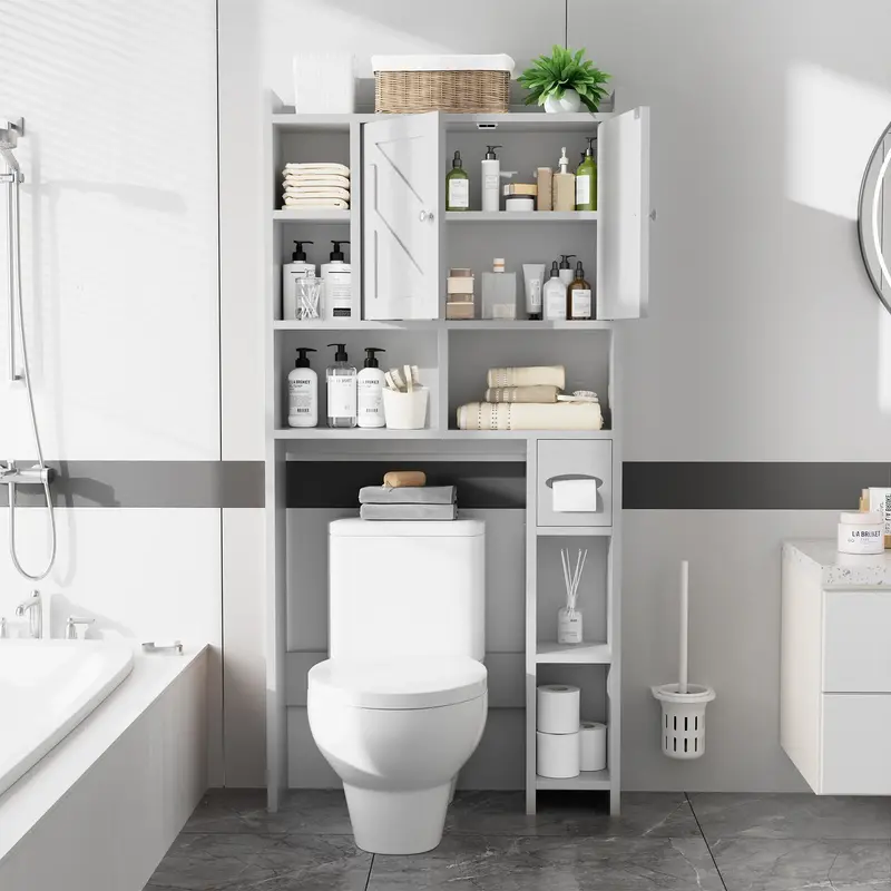 Walsunny Over The Toilet Storage Cabinet, Farmhouse Storage Cabinet with 2 Barn Door & Toilet Paper Holder Stand, Toilet Rack...