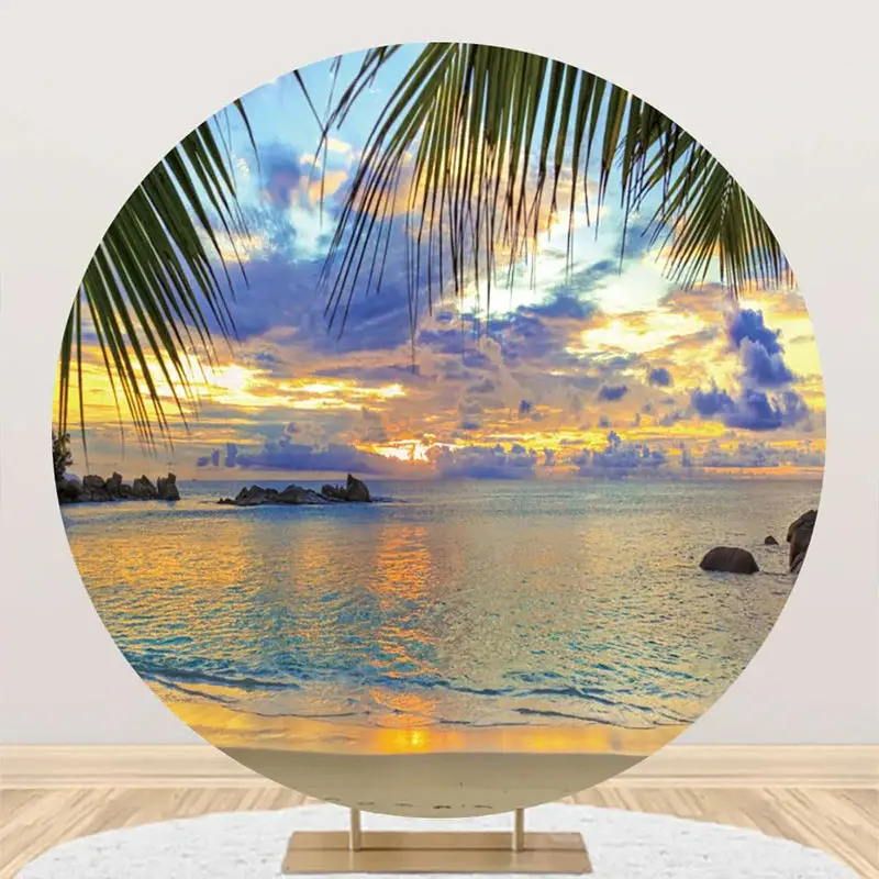 Sunset Leaves Hawaii Beach Round Birthday Backdrop