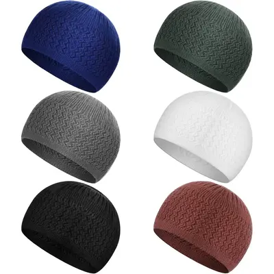 6 Pcs Kufi Hats for Men Knit Kufi Cap Breathable Cotton Stretchy Skull Cap Helmet Beanie Hat for Men Women Muslim in Cool Des...