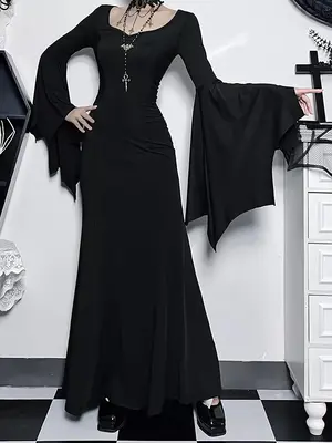 Gothic Black Maxi Dress with Flare Sleeves Slim Fit Witch Style