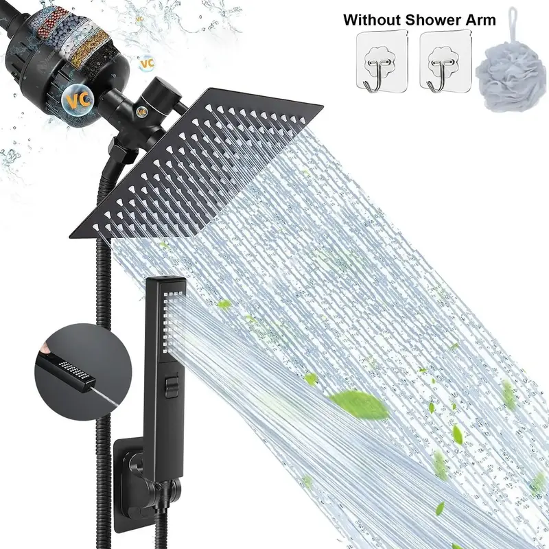 Shower Head Set, 1 Set 2 In 1 Shower Filter with Self-adhesive Bracket & Stainless Hose, Bathroom Shower Set, High Pressure S...