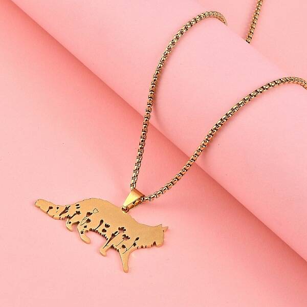 304 Stainless Steel Hollow Cat Shaped Pendant Box Chain Necklaces