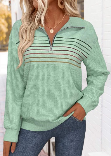 Modlily Sage Green Tummy Coverage Striped Long Sleeve Sweatshirt - XL