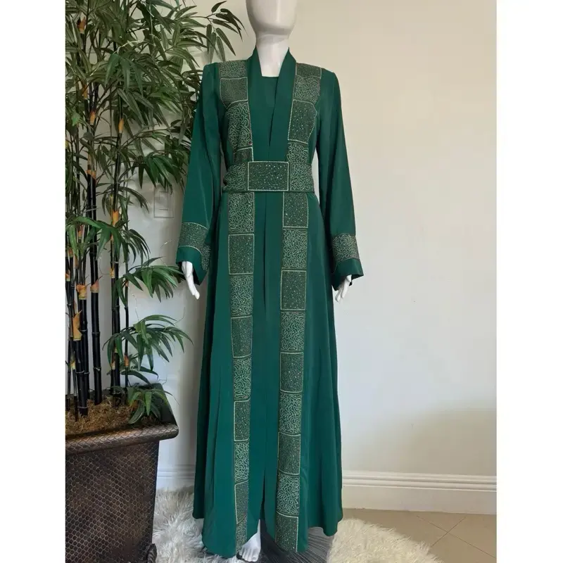 Elegant Green Embroidered 3 Piece Abaya