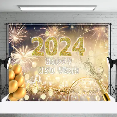 Aperturee Gold Light Spark Cute 2024 Happy New Year Backdrop