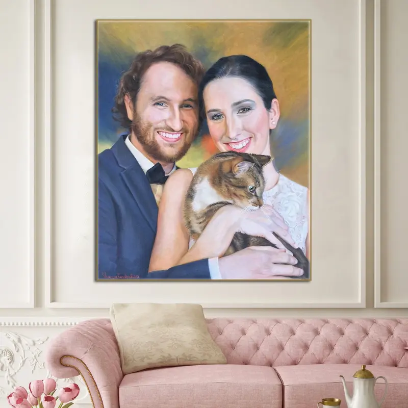 Abstract Couple and Cat Paintings from Photo Original Family Oil Painting Wall Art Decor | PAINTING FROM PHOTO #50