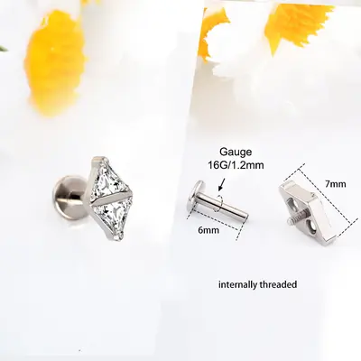 CZ Spike Internally Threaded Titanium Cartilage Stud - Trangle