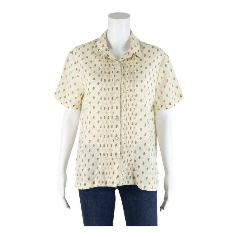 Blouse Cream 90s Collared Paisley Short Sleeve Womens S