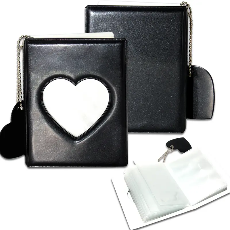 3 Inch Mini Photo Album | Photocard Holder with 32 Pockets | Mirror-Like Binder & Love Heart Pendant | Black Organizer Perfec...