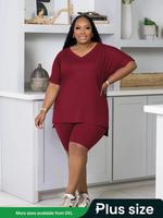 【Plus Size】 Solid Color / Ombre Print Top & Shorts Two-piece Set, Casual Elegant V Neck Short Sleeve Top & Skinny Shorts,...