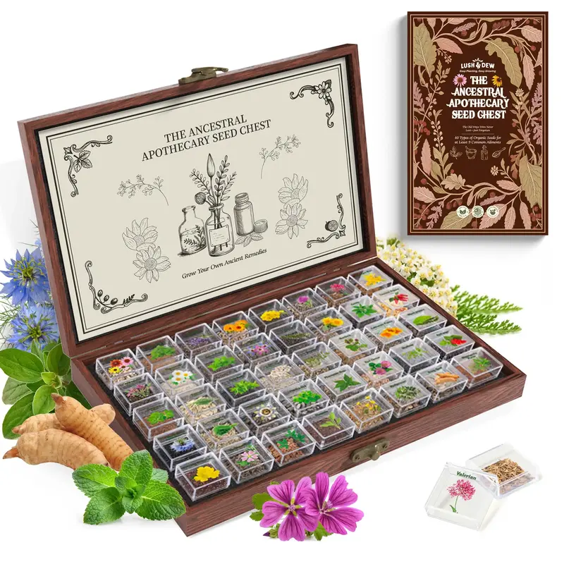 LUSH&DEW Ancestral Apothecary Seed Chest - 40 Varieties of Non-GMO Medicinal Herb Seeds in Elegant Wooden Display Box for Gar...
