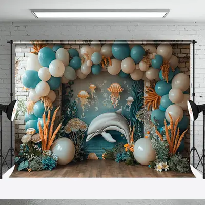 Retro Brick Wall Balloon Dolphin Cake Smash Backdrop