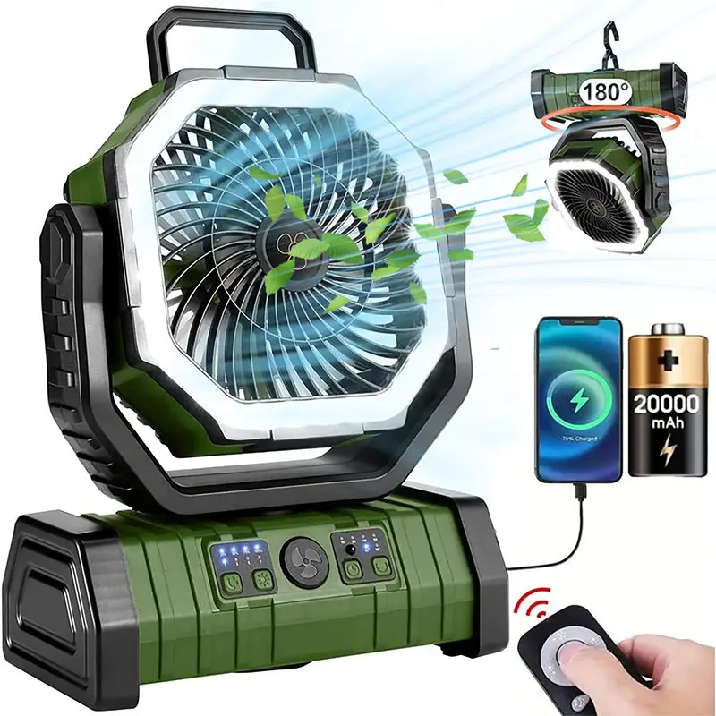 20000mAh Rechargeable Camping Fan with LED Light, Mobile USB Portable Fan with Remote Control, Desk Cooling Fan with Power B...