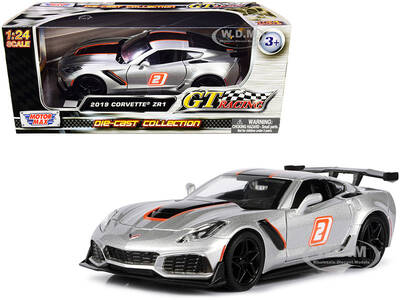 2019 Chevrolet Corvette ZR1 #2 Silver with Black and Orange Stripes GT Racing Series 1/24 Diecast Model Car by Motormax