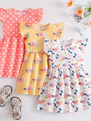 Toddler Girl's Ditsy Floral Print Sweater Dress, Casual Round Neck Cap Sleeve Dress for Summer, Kids Clothes for Daily Wear