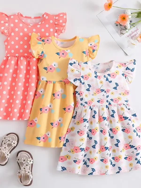 Toddler Girl's Ditsy Floral Print Sweater Dress, Casual Round Neck Cap Sleeve Dress for Summer, Kids Clothes for Daily Wear