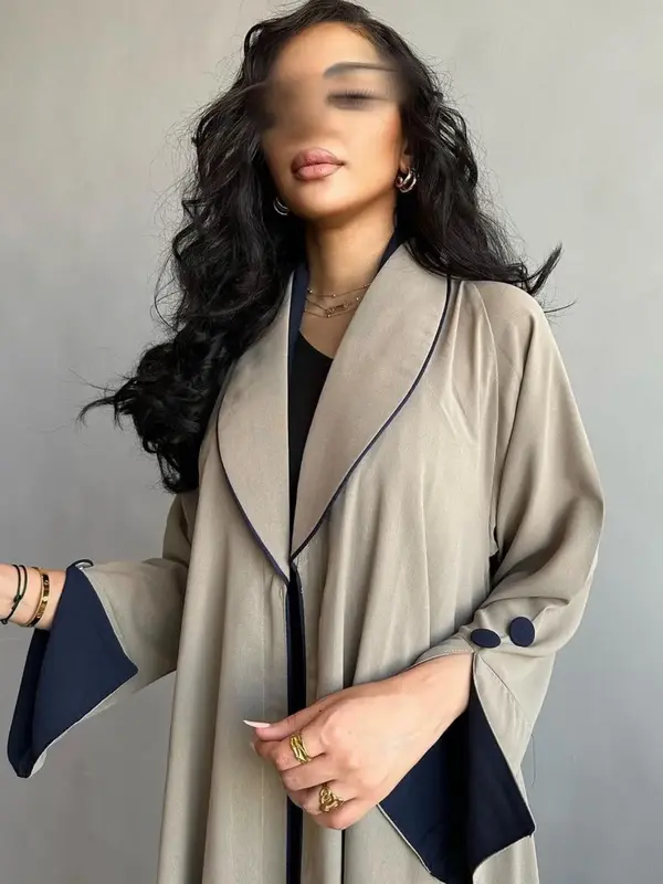 Arabic Clothing-solid Fake Buttons Plicated Abaya, Elegant Modesty Split Sleeve Shawl Collar Outerwear, Women's Islamic Cloth...