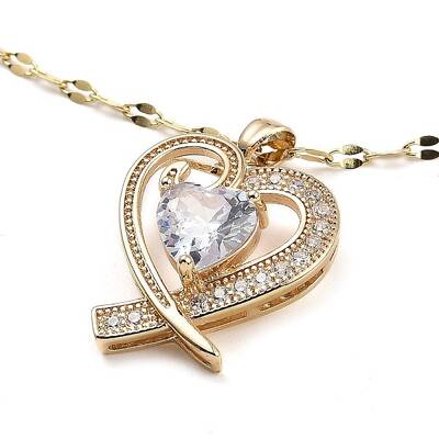 Heart Light Gold Brass Micro Pave Cubic Zirconia Pendant Necklaces