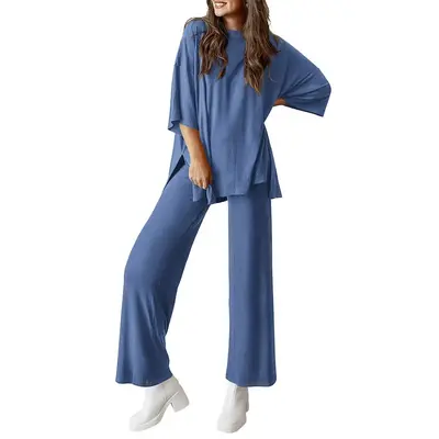 PrettyGarden Women's 2-Piece Outfits Short Sleeve Pullover Tops Split Hem Wide Leg Pants Lounge Sets, Comfy Pjs, Soft Suits-W...