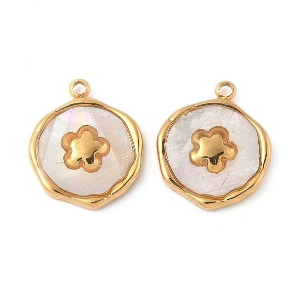 304 Stainless Steel Pave Natural Shell Pendants