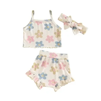3Pcs Newborn Baby Girl Summer Clothes Sleeveless Floral Top Shorts Boho Outfit Set