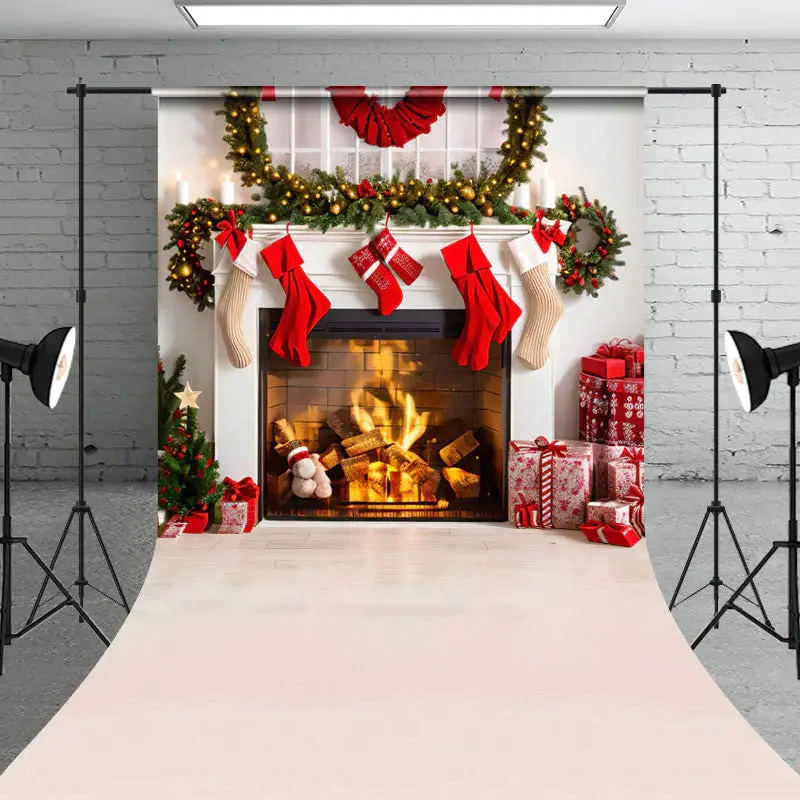 Aperturee Wreath Socks Candle Fireplace Gift Christmas Backdrop - Aperturee