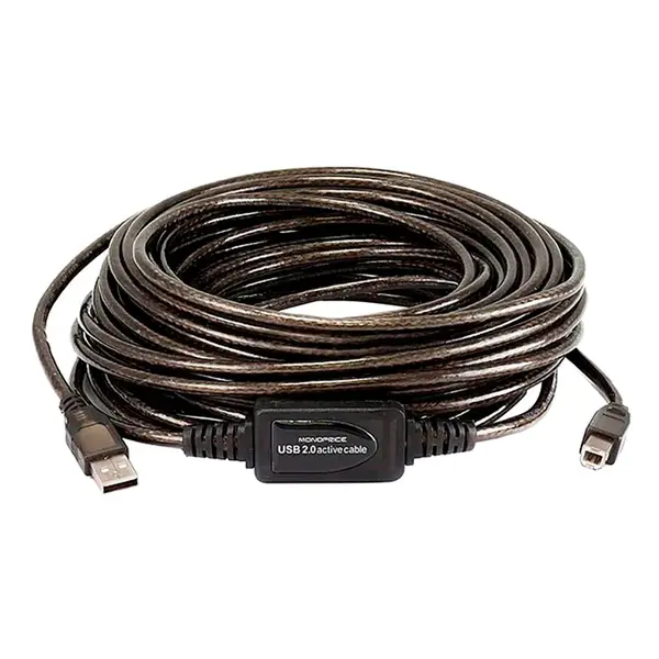 7643 Monoprice USB-A to USB-B 2.0 Cable Active 28/24AWG Black 49ft
