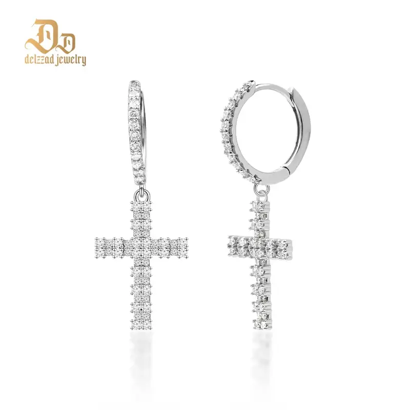 Delzzad S925 VVS Synthetic Moissanite Bling Cross Clip Hoop Earrings Jewelry Perfect Birthday Mother’s Day Gift for Men Wom...