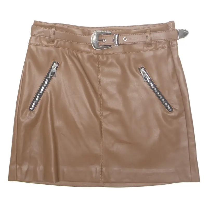 BERSHKA Belted Womens Straight Skirt Brown Short Leather M