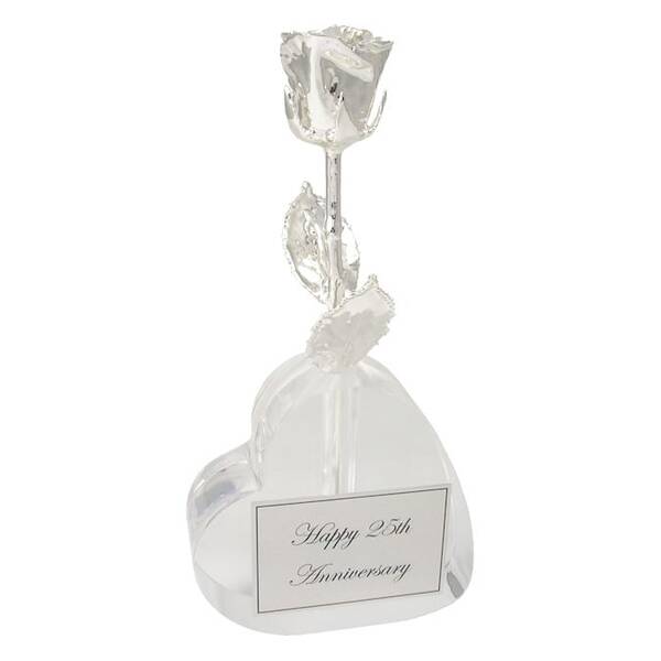 25th Anniversary Gift: 8 All Silver Rose in Heart Vase