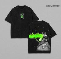 Rengoku Onigiri x Zoro Washed Tee - Vintage Oversized Double-Sided Anime Graphic T-Shirt,One Piece Collab, Acid Wash Lightwei...
