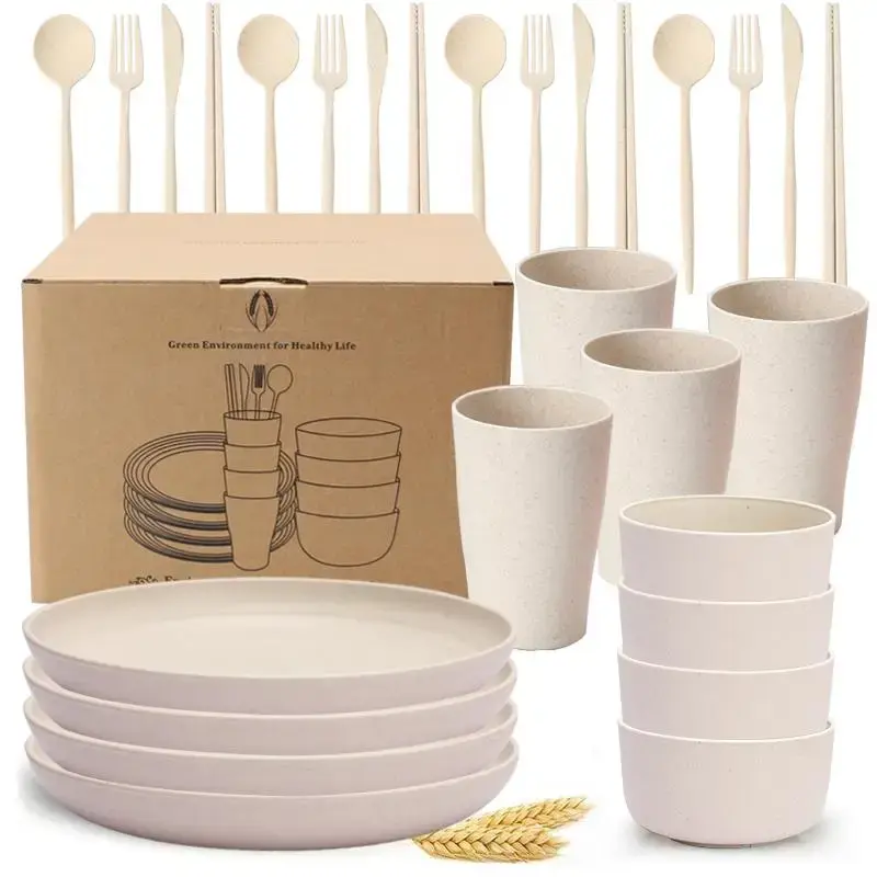 Wheat Straw Tableware Set, 1 Set Including 4 Spoon & 4 Fork & 4 Knife & 4 Chopsticks, 4 Bowl, 4 Cup, 4 Dinner Plate, for Home...