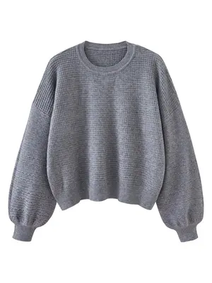 Women's Oversized Lantern Sleeve Crew Neck Pullover Sweater, Casual Loose Knit Jumper Top, Autumn & Winter Clothes