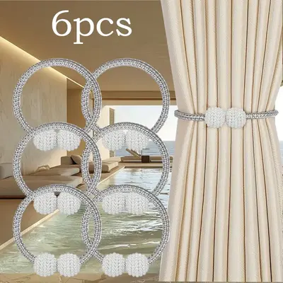 (Buckle Design) 6pcs Vintage Style Pearl Curtain Tiebacks, Snap Curtain Cord Closure Strap Plastic Woven Design, Firm Snap De...