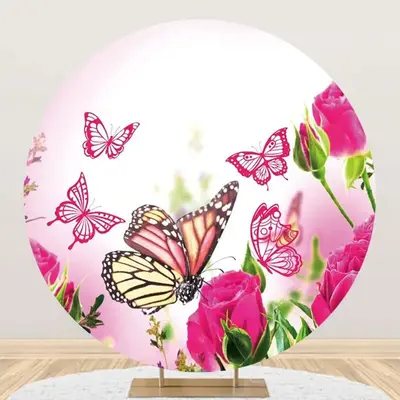 Dark Pink Floral Butterfly Round Birthday Backdrop - Aperturee