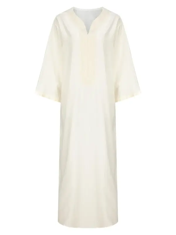 Men's Loose Fit Embroidering V Neck Kaftan, Casual Long Sleeve Arabic Clothing, Loose Fit Long Sleeve Arabic Clothing