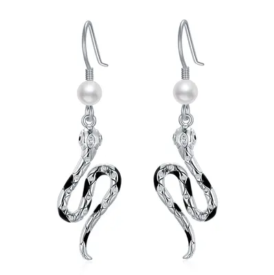Sterling Silver Circular Shaped Pearl Snake Stud Earrings