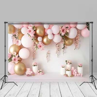 White Gold Balloons Pink Flower Cake Smash Backdrop - Aperturee