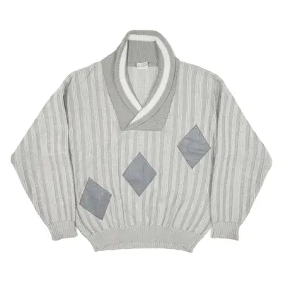 CLUIFELO LIQUICO Heavy Knit Jumper Grey Cable Knit V-Neck Mens L