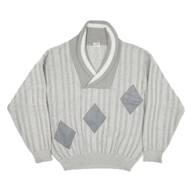 CLUIFELO LIQUICO Heavy Knit Jumper Grey Cable Knit V-Neck Mens L