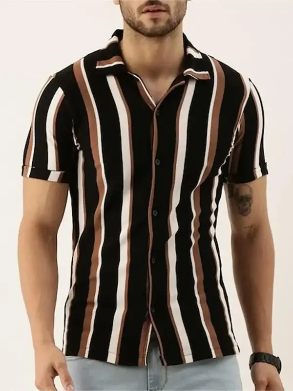 Men's Summer Clothes, Striped Print Button Front Short Sleeve Shirt, Regular Fit Collared Shirts,  Shirts for Men,  Summer Ca...