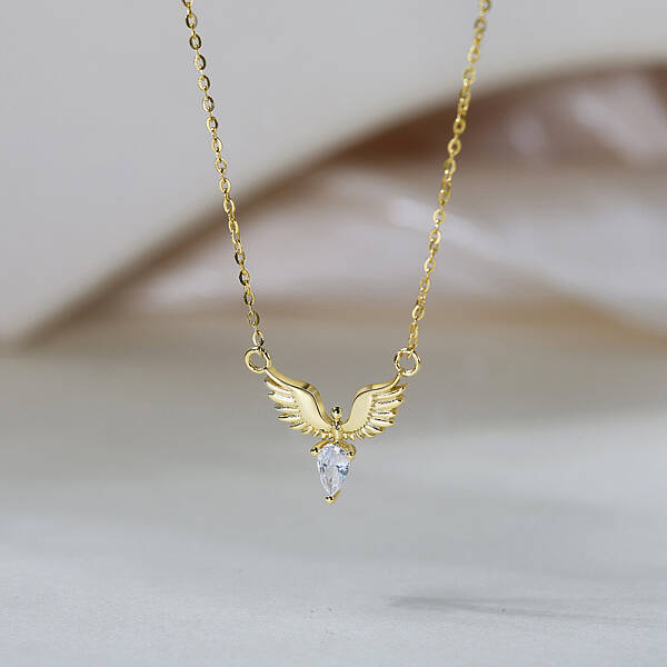 925 Sterling Silver Pave 5A Clear Cubic Zirconia Teardrop with Wings Pendant Necklaces for Women