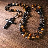 Protection Rosary Necklace Hematite Cross Charm Necklace Obsidian Tiger's Eye Hematite Cross Pendant Amulet for Women Men Gif...