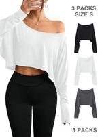 Women's Solid Crop Tee Set, Casual Long Sleeve T-shirt for Spring & Fall