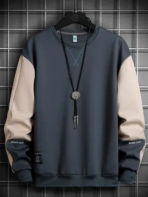 Colorblock Patchwork Drop Shoulder Sweatshirts for Men, Casual Crewneck Sweatshirt, Loose Long Sleeve Round Neck Pullover for...